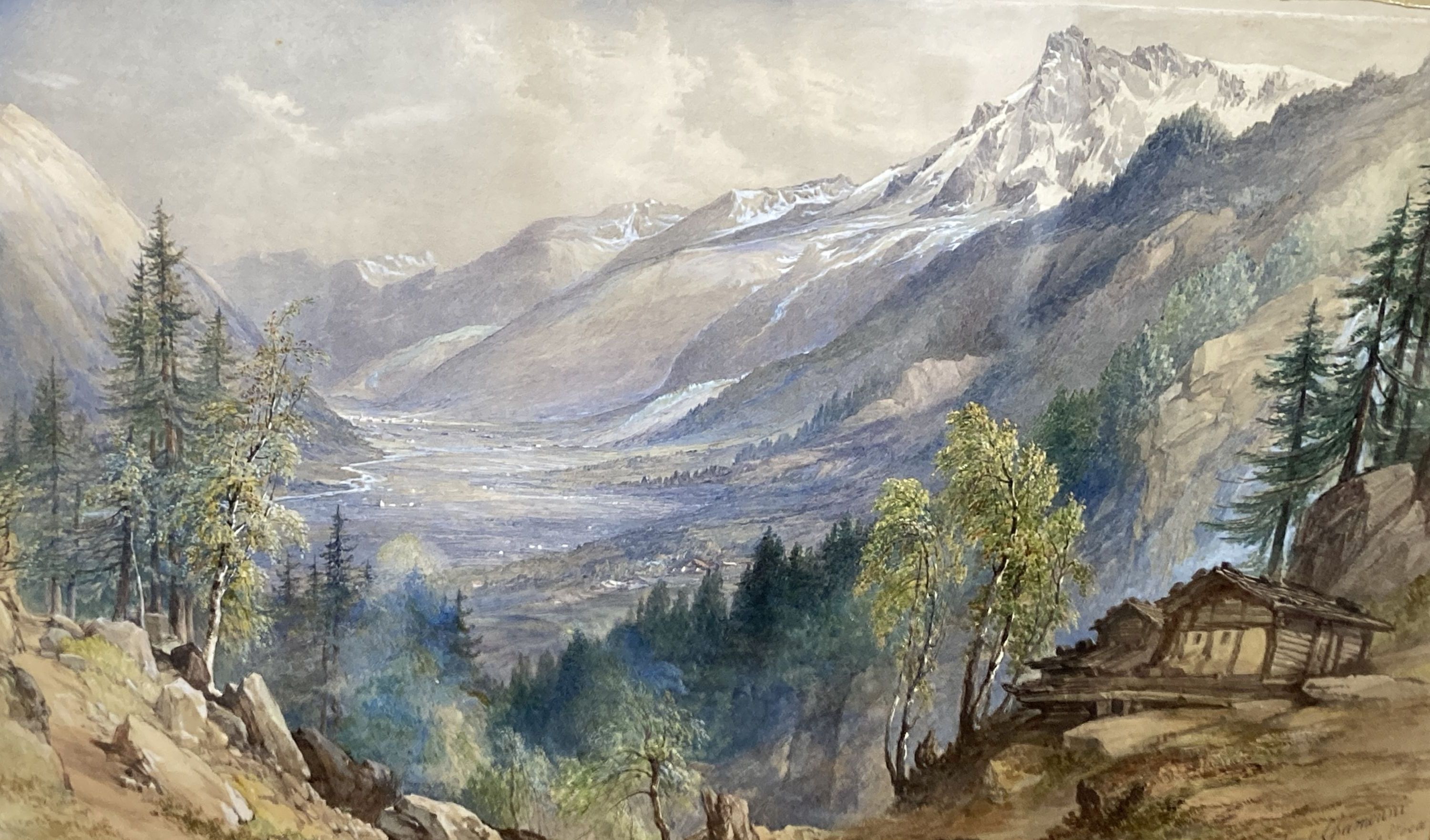 George Barnard (1815-1890), watercolour, Vale of Chamouni from the Colde Vosa, signed and inscribed, 35 x 57cm